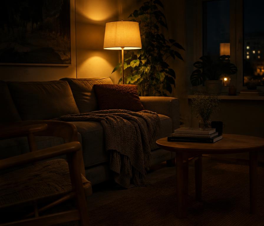 Mysigt vardagsrum på kvällen