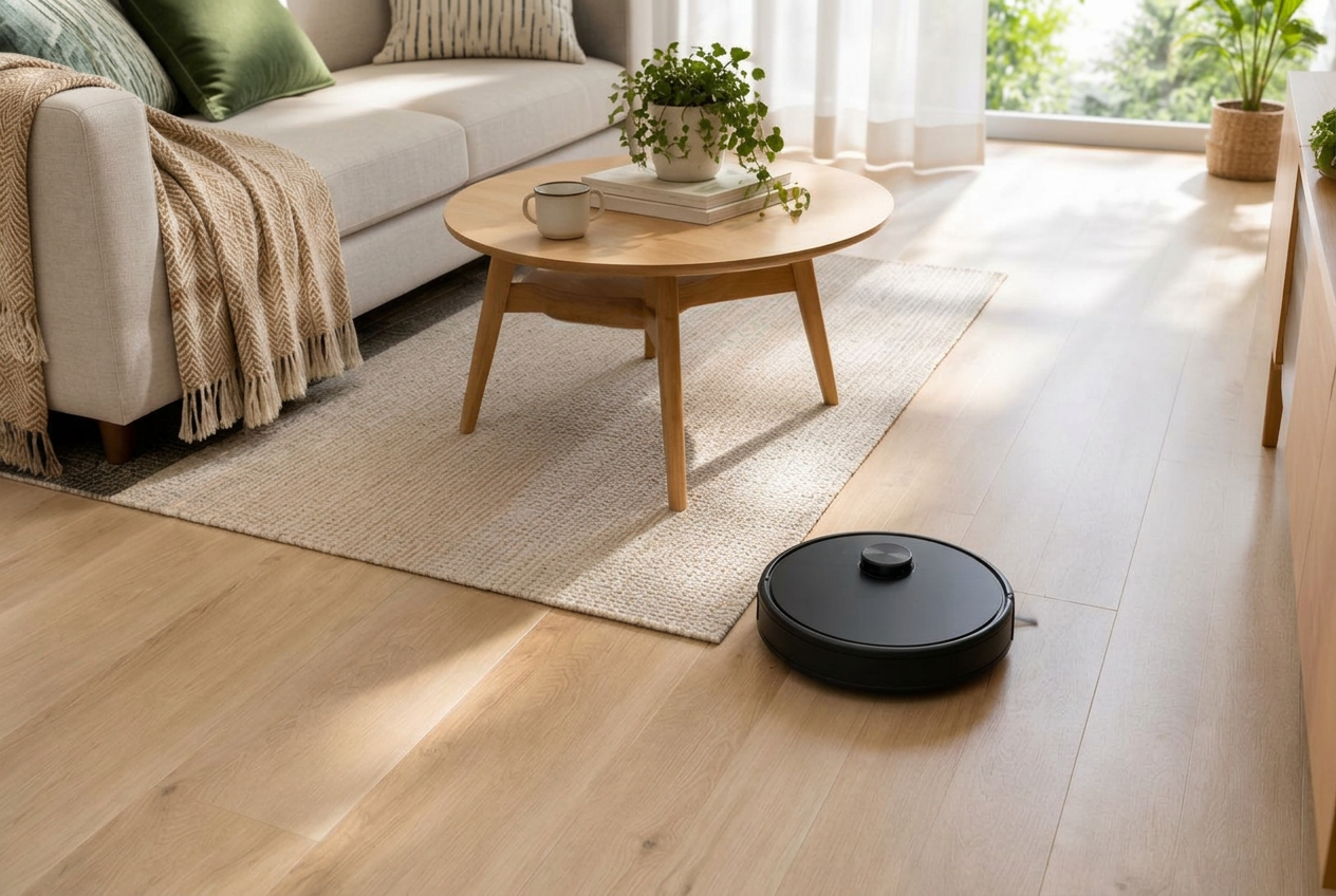 Robotdammsugaren städar i ett vardagsrum